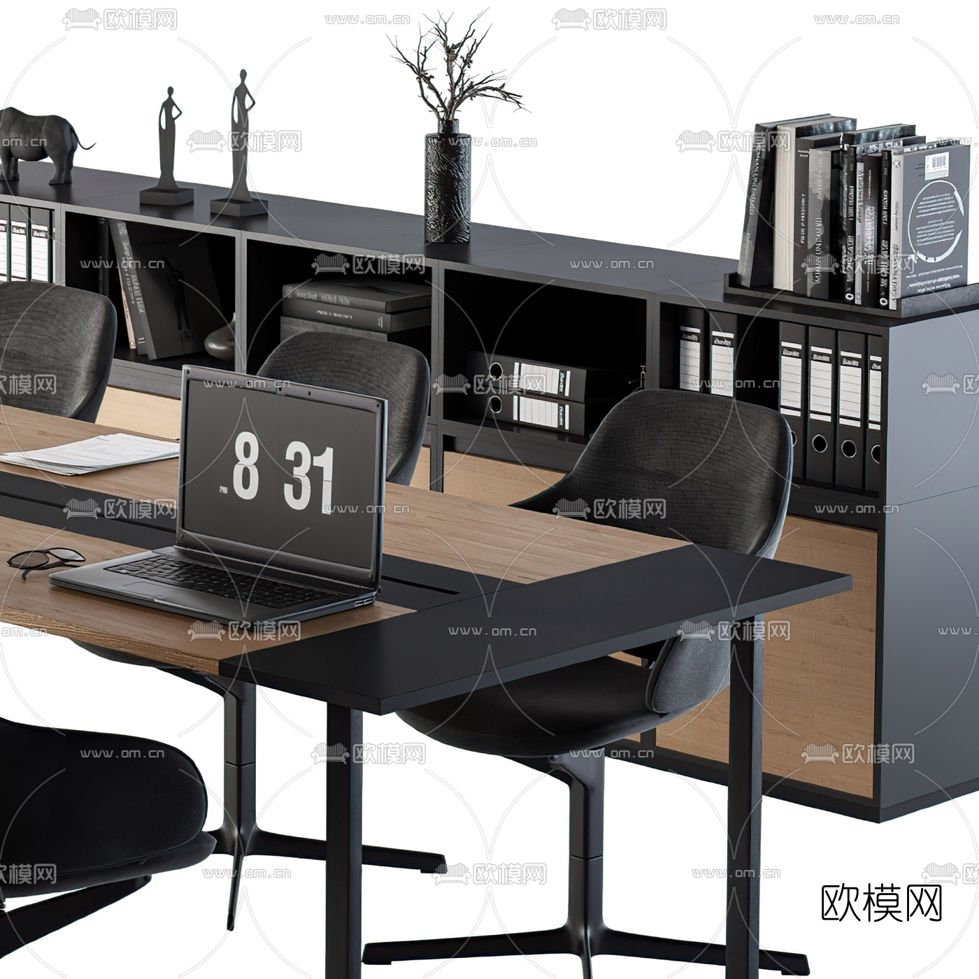 现代方形会议桌椅书柜3d模型