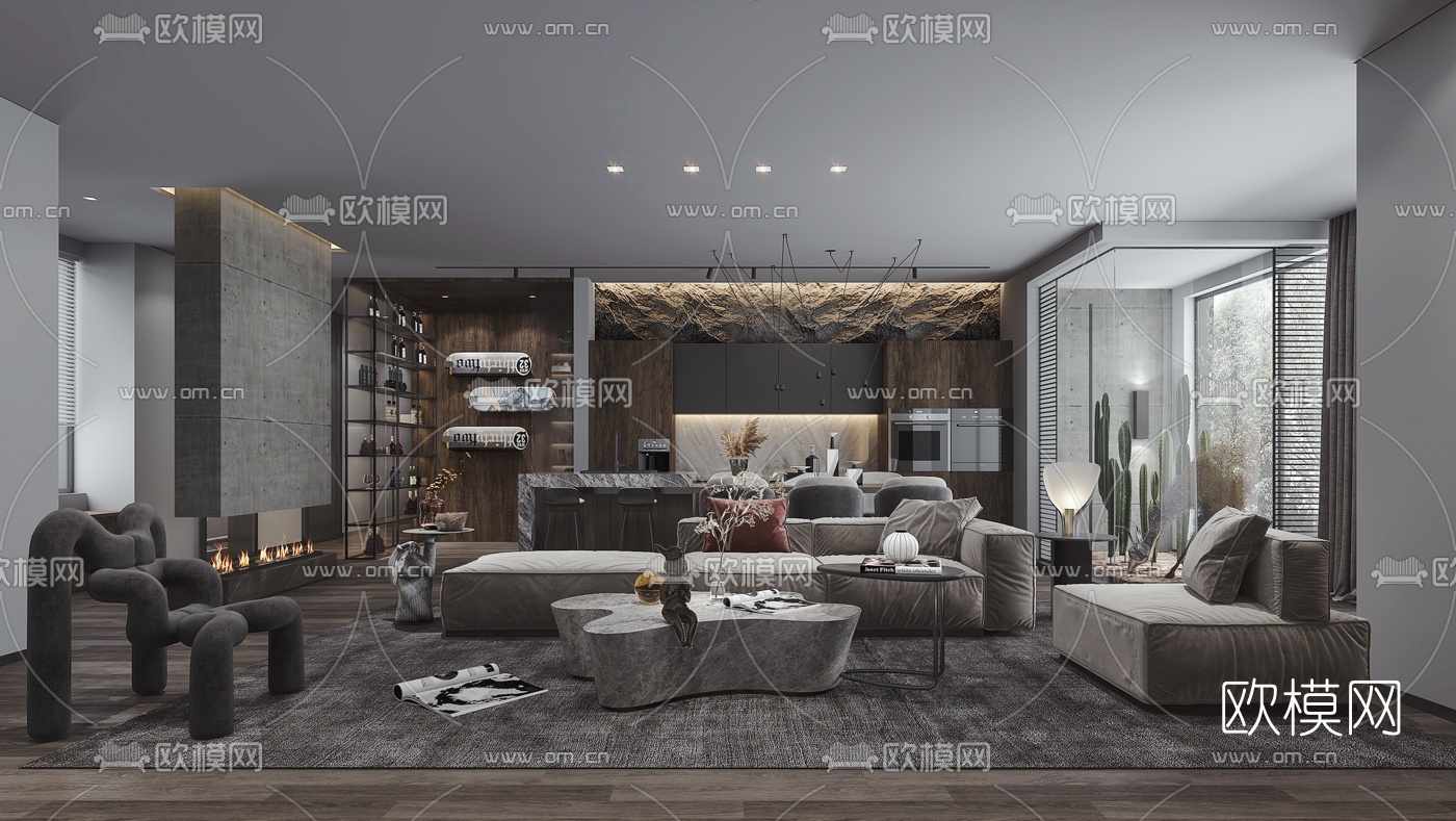 现代混搭客厅餐厅3d模型