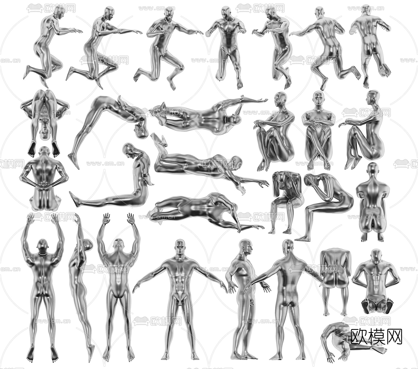 现代电镀银人体雕塑3d模型下载