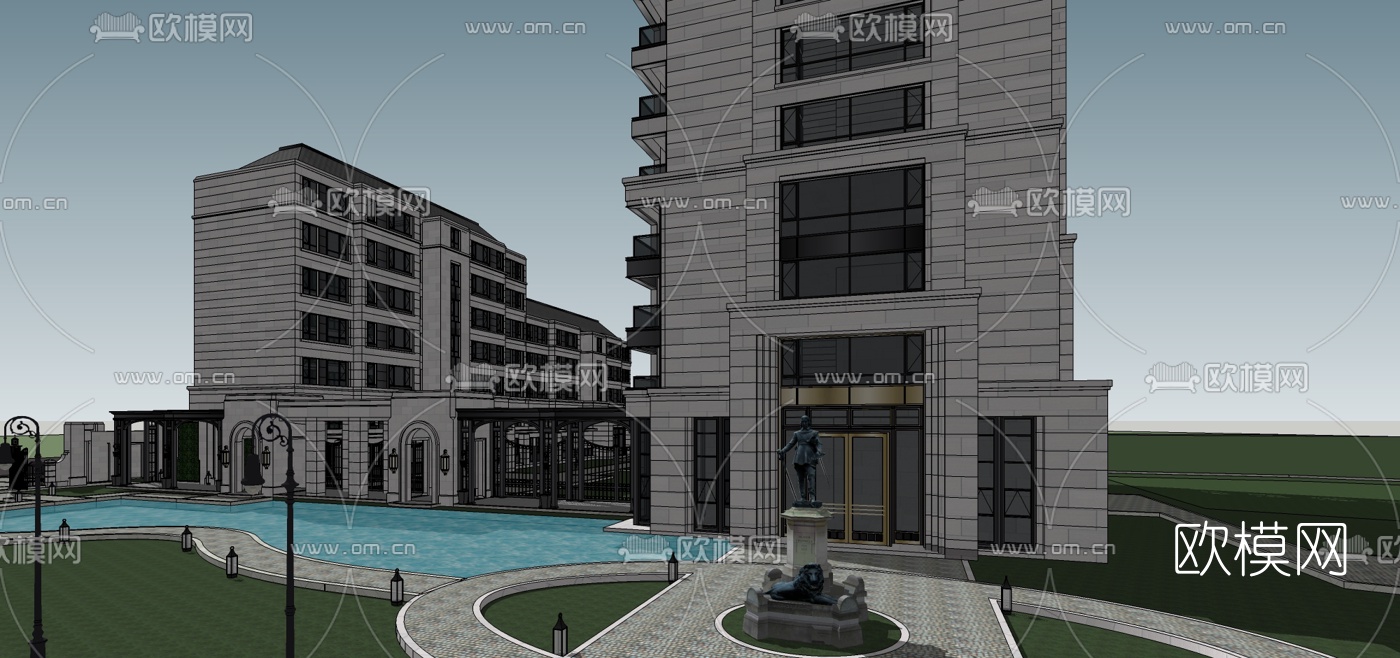 新古典高层公寓楼su模型下载（渲染图2）