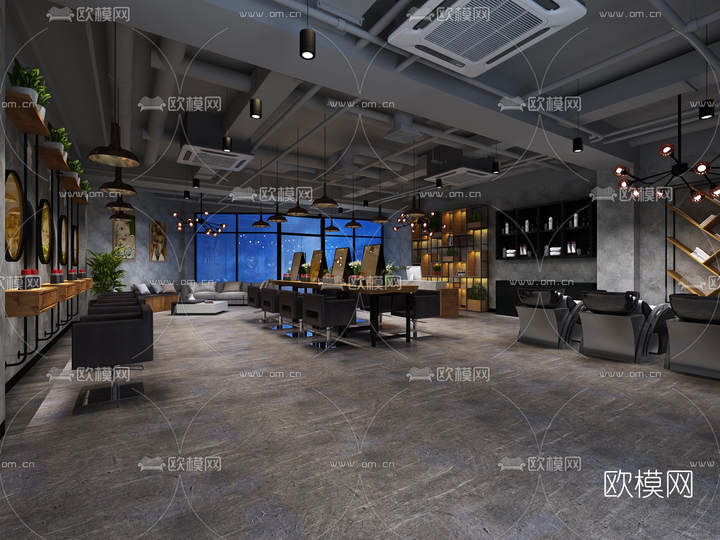 工业风理发店免费3d模型下载（渲染图1）