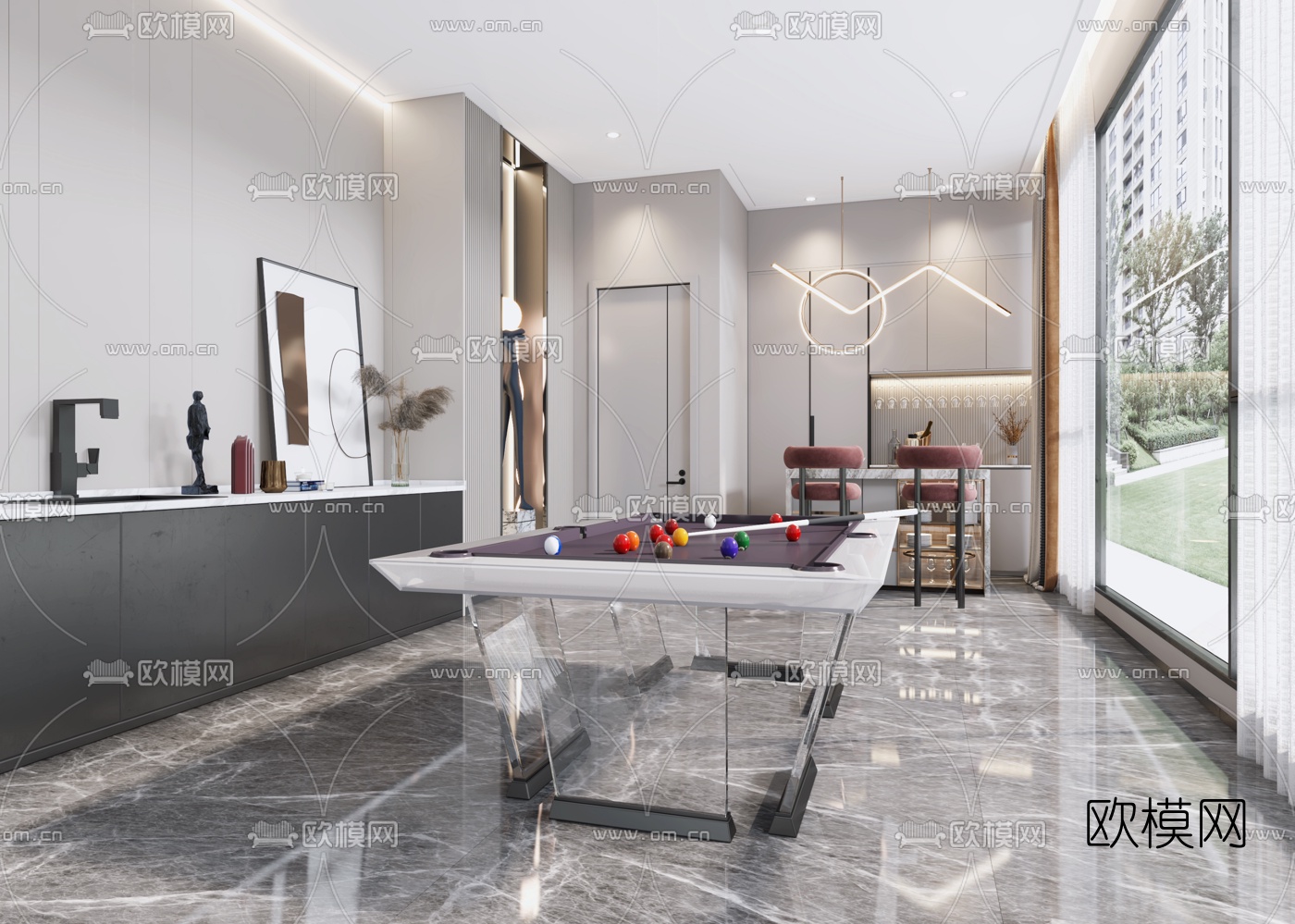 现代休息室棋牌室台球室3d模型下载（渲染图2）