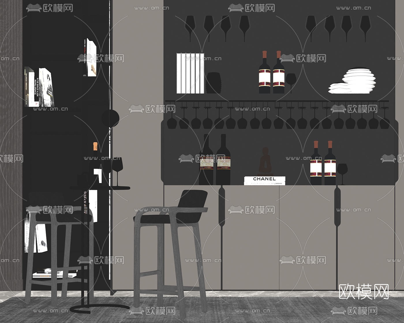 现代轻奢酒柜su模型下载（渲染图2）
