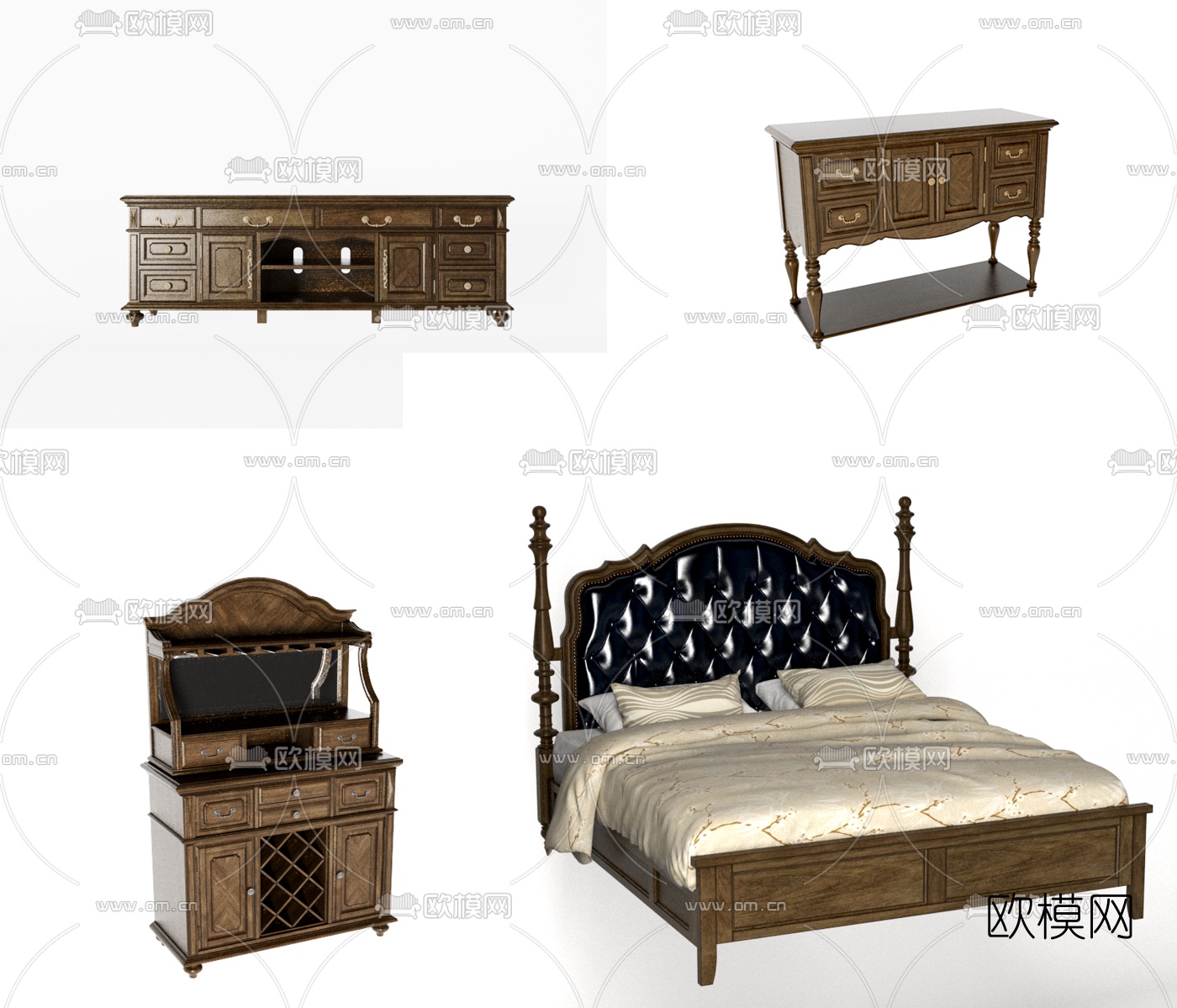 美式双人床梳妆台免费3d模型下载