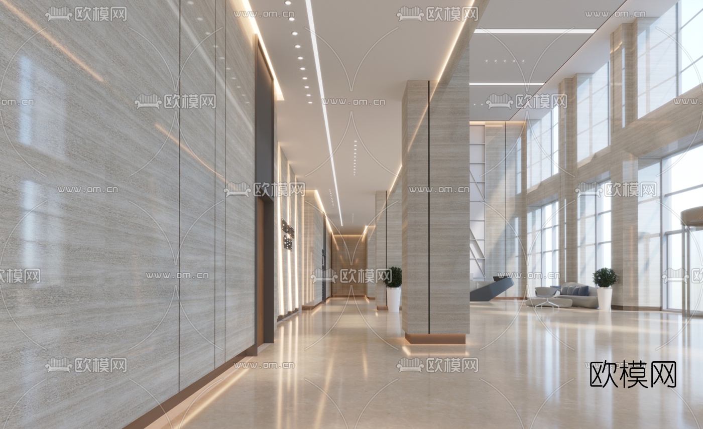 现代办公楼大堂3d模型下载（渲染图3）