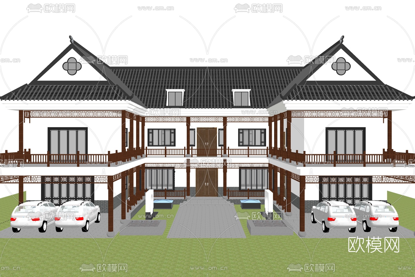 新中式独栋别墅su模型下载