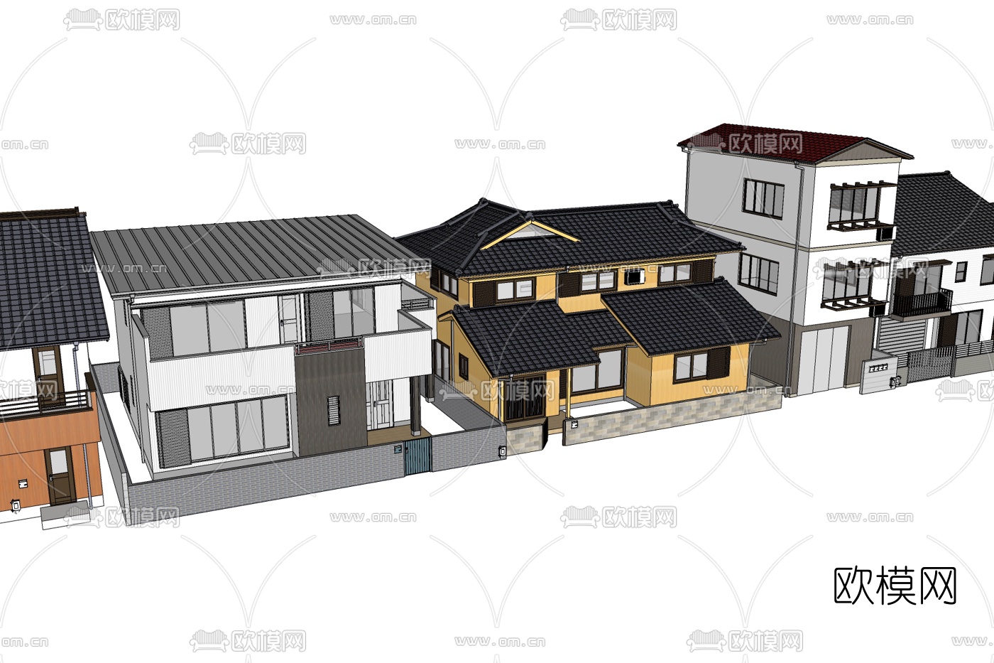 新中式连排别墅免费su模型下载