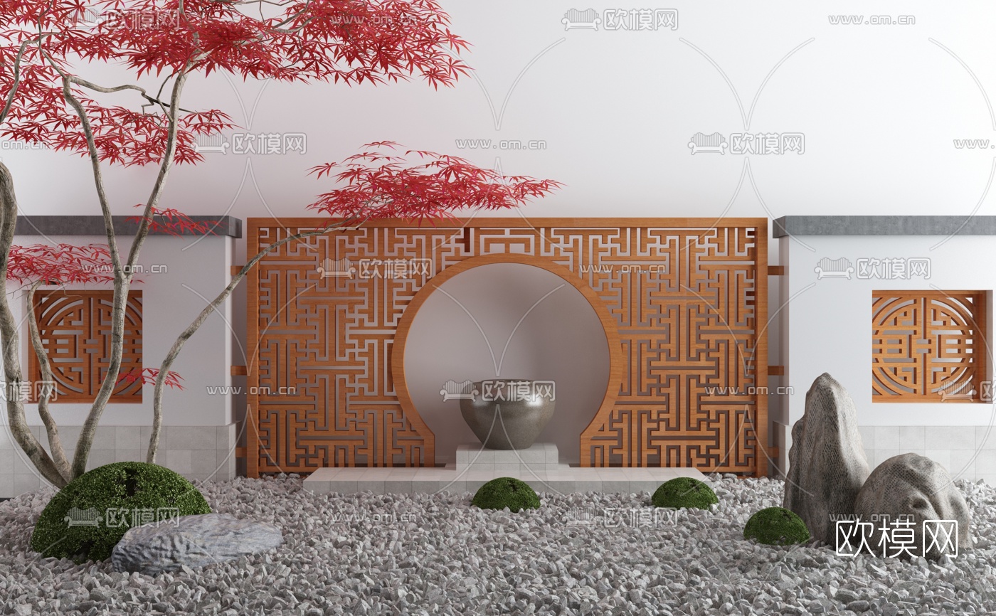 新中式红枫庭院景观小品3d模型下载