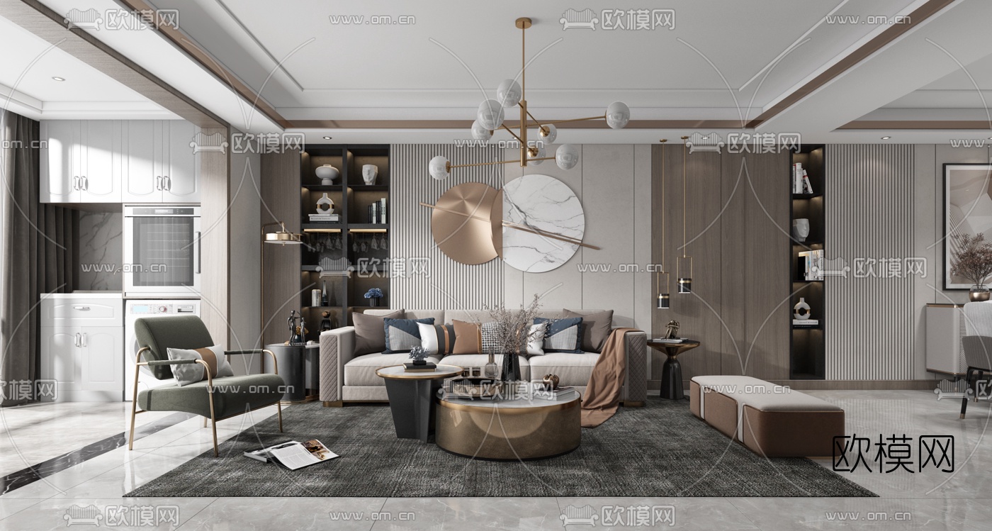 现代简约客厅餐厅3d模型下载（渲染图1）
