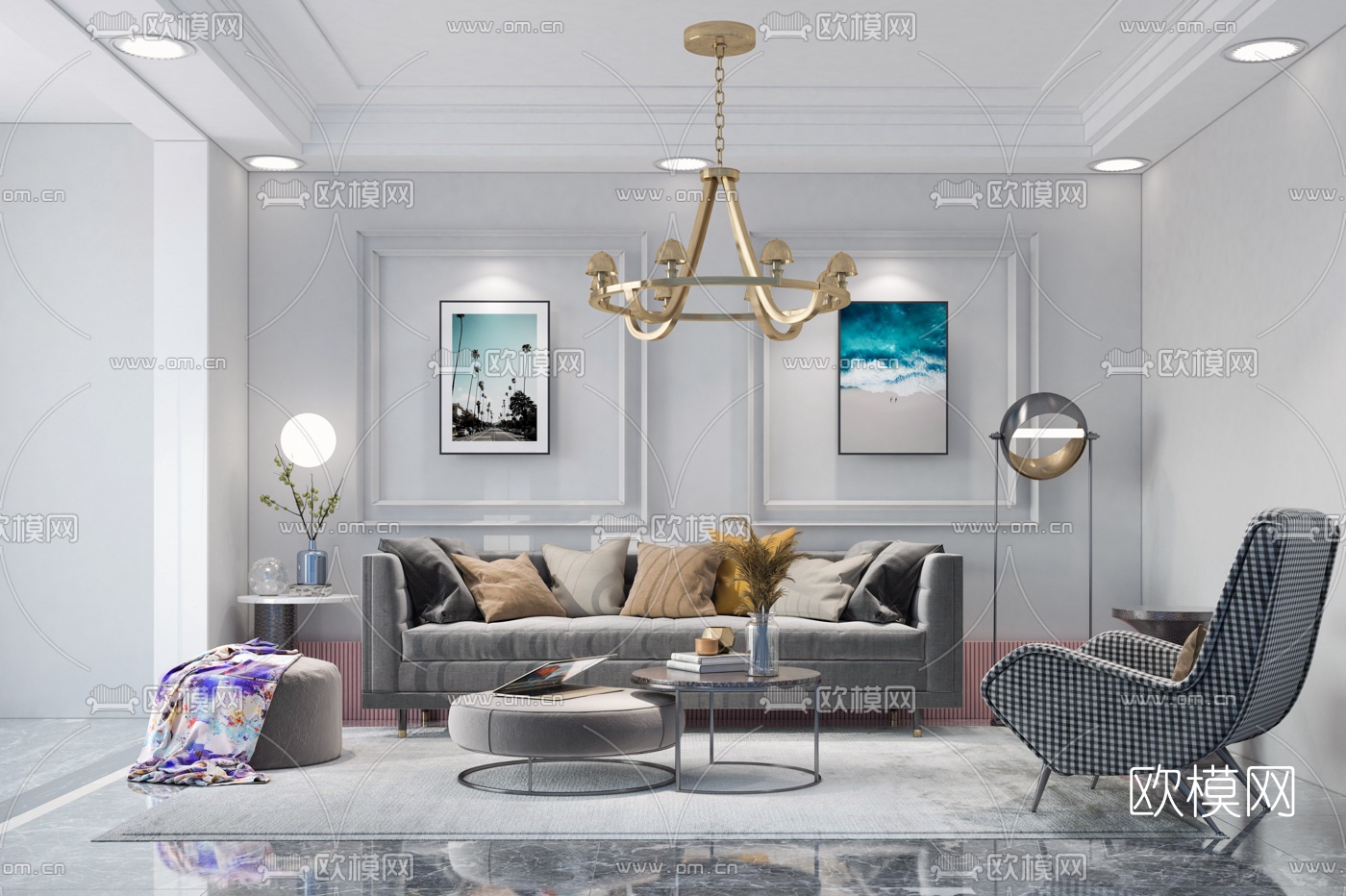 现代布艺沙发组合免费3d模型下载