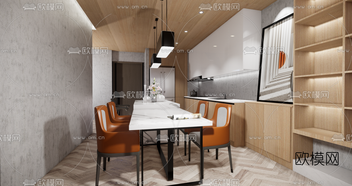 北欧原木客餐厅su模型下载（渲染图2）