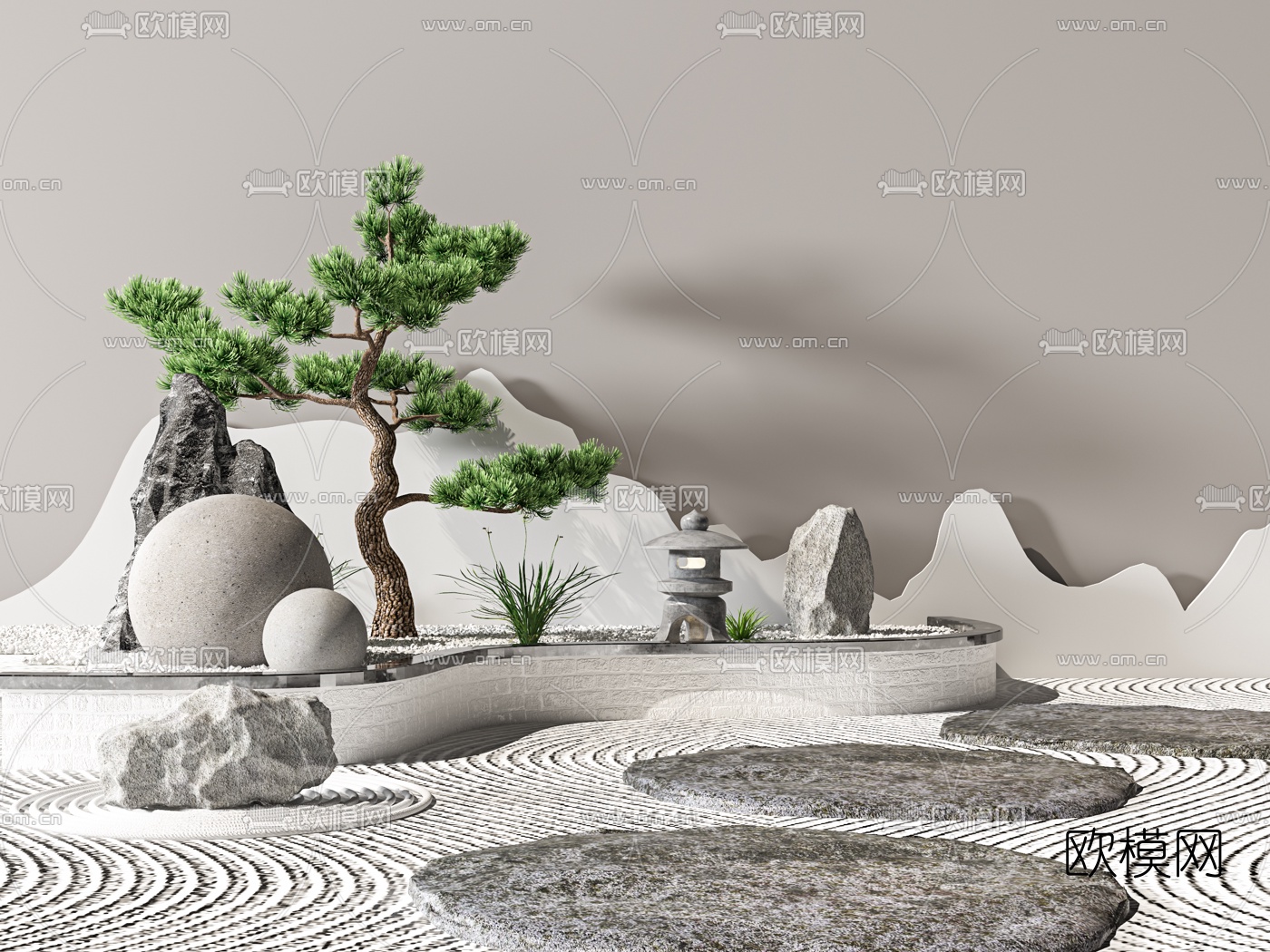 新中式松树假山石头景观小品3d模型