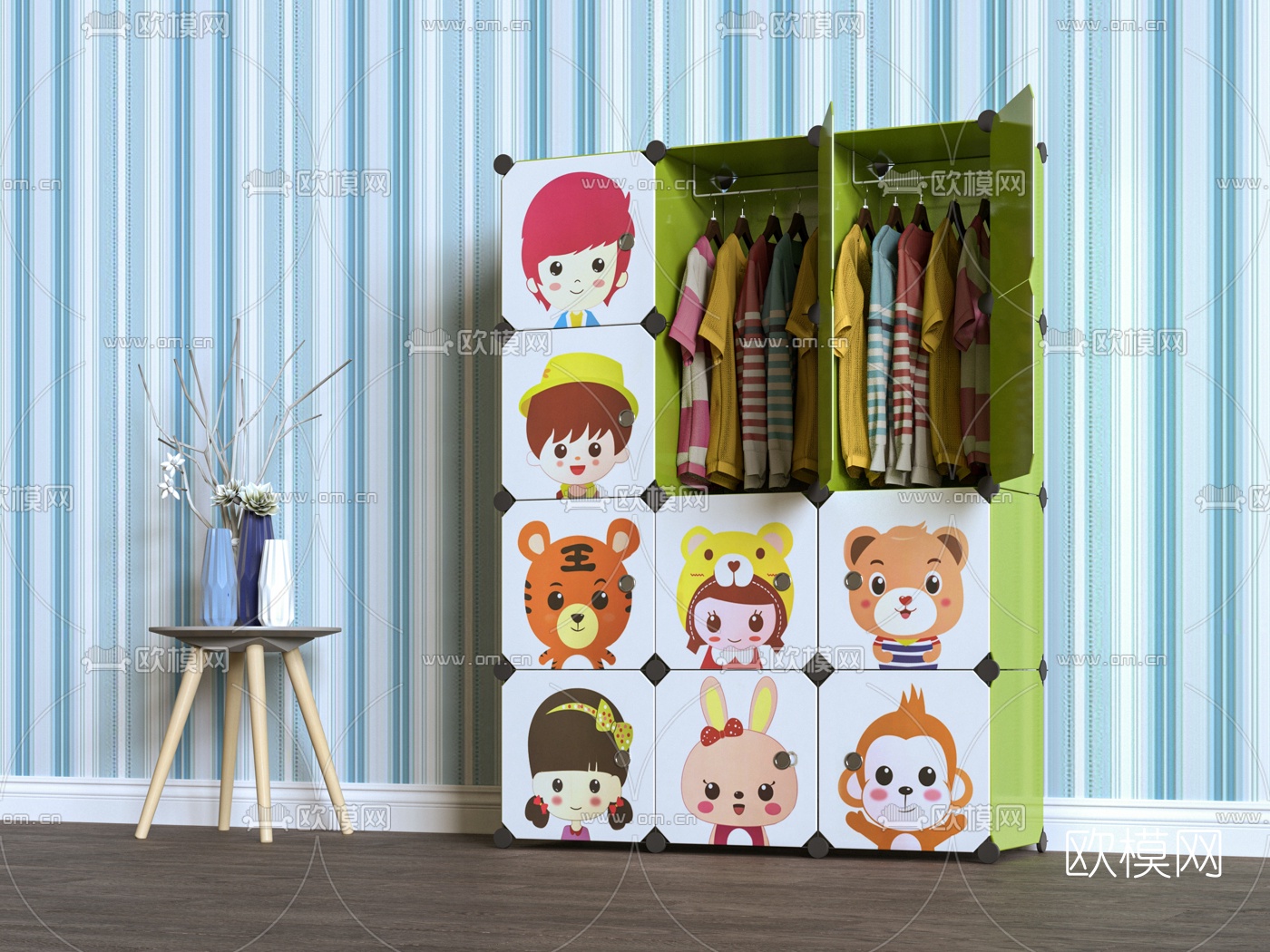 现代简易儿童衣柜3d模型下载（渲染图1）