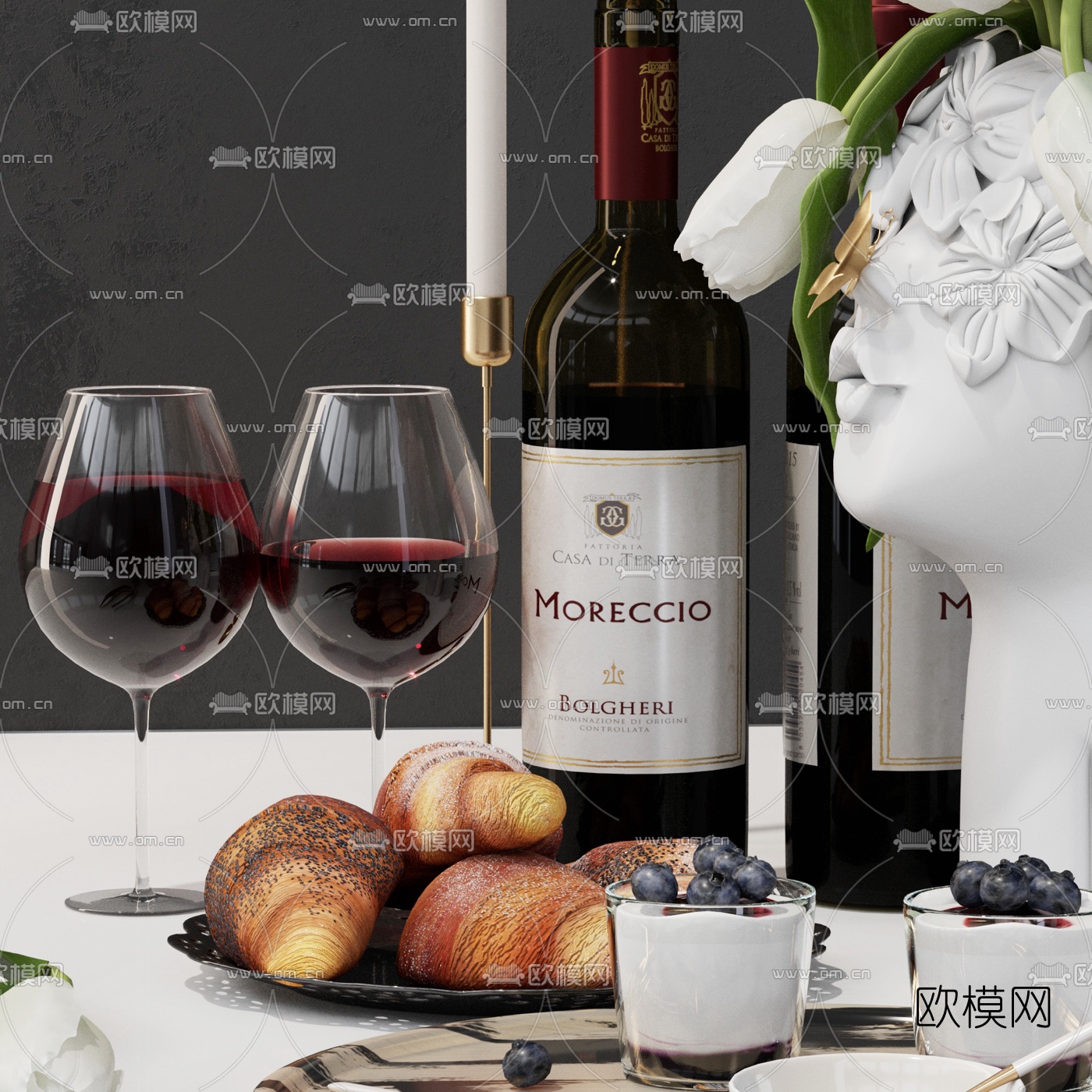 现代红酒面包奶昔烛台食品组合3d模型