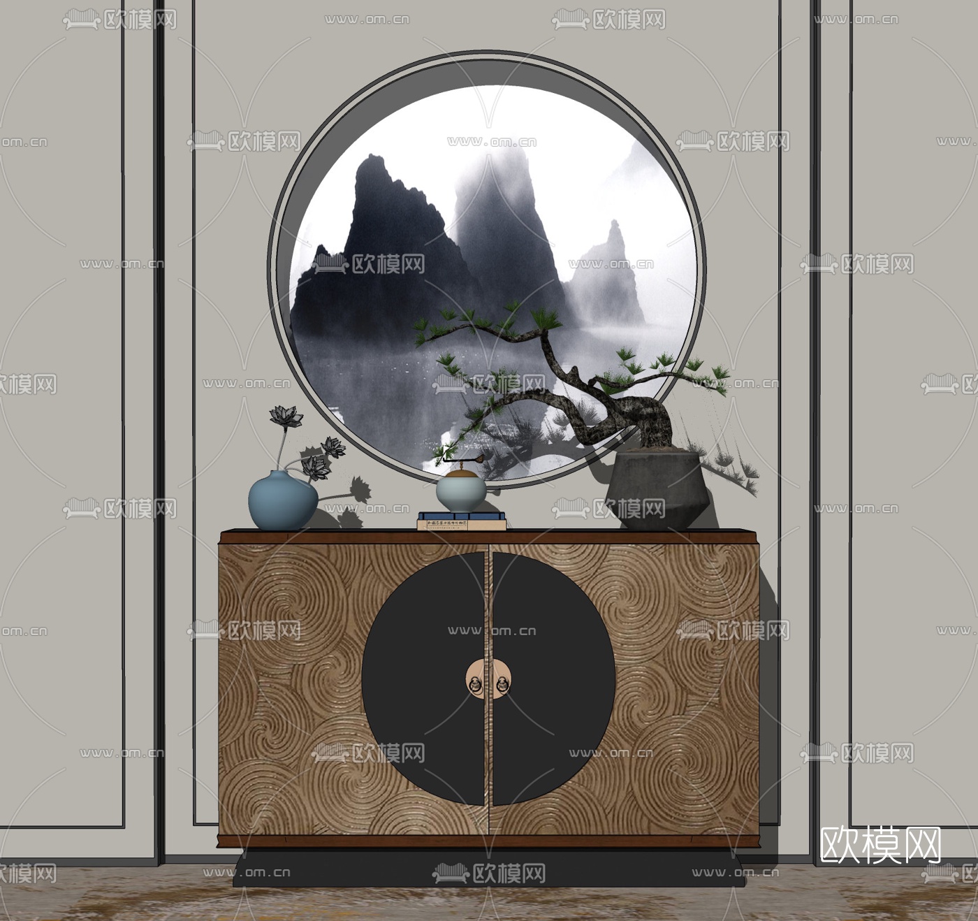 新中式玄关柜su模型下载