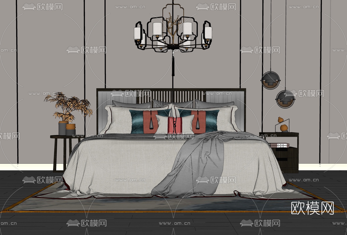 新中式双人床su模型下载