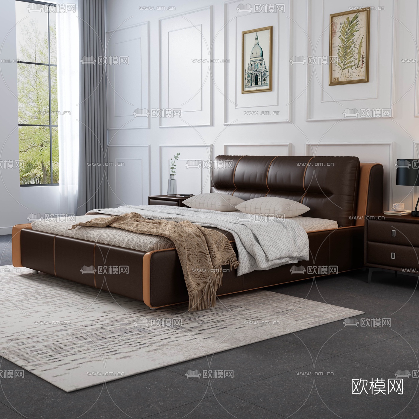 简欧皮质双人床3d模型下载（渲染图2）