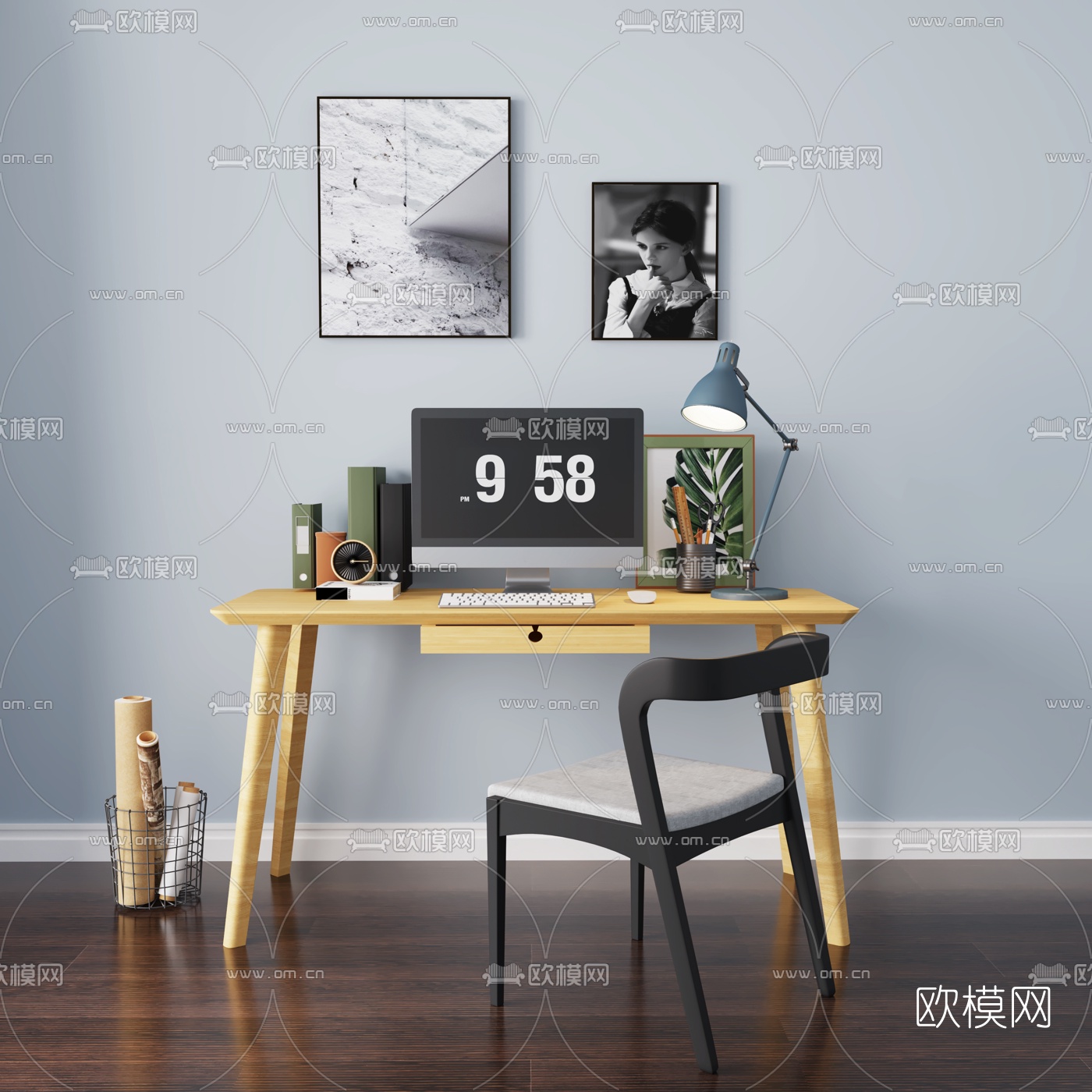 北欧原木书桌椅3d模型下载