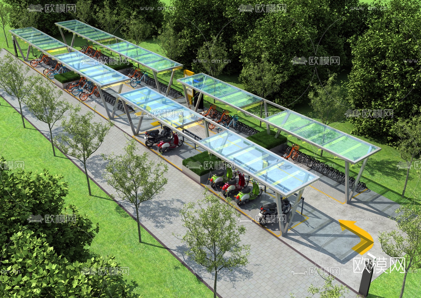 现代自行车棚停车棚3d模型下载（渲染图1）