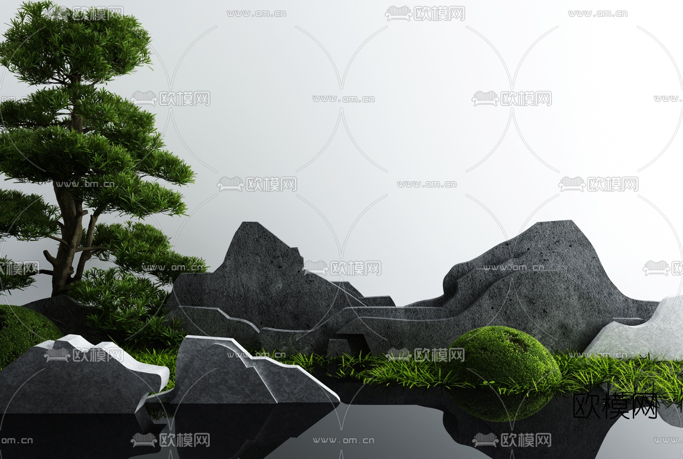 现代假山树草小品3d模型下载