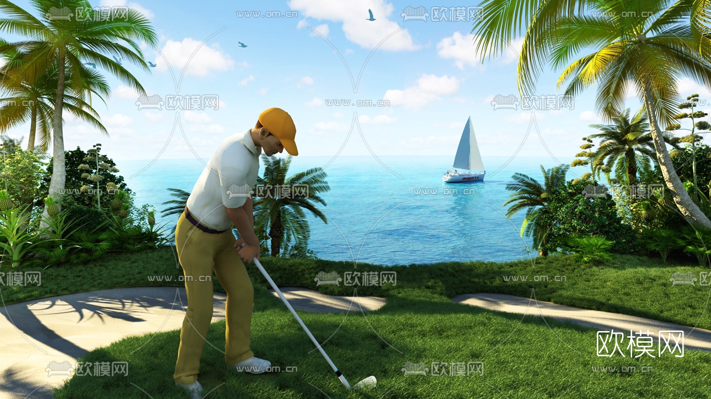 现代海边高尔夫球场景观3d模型