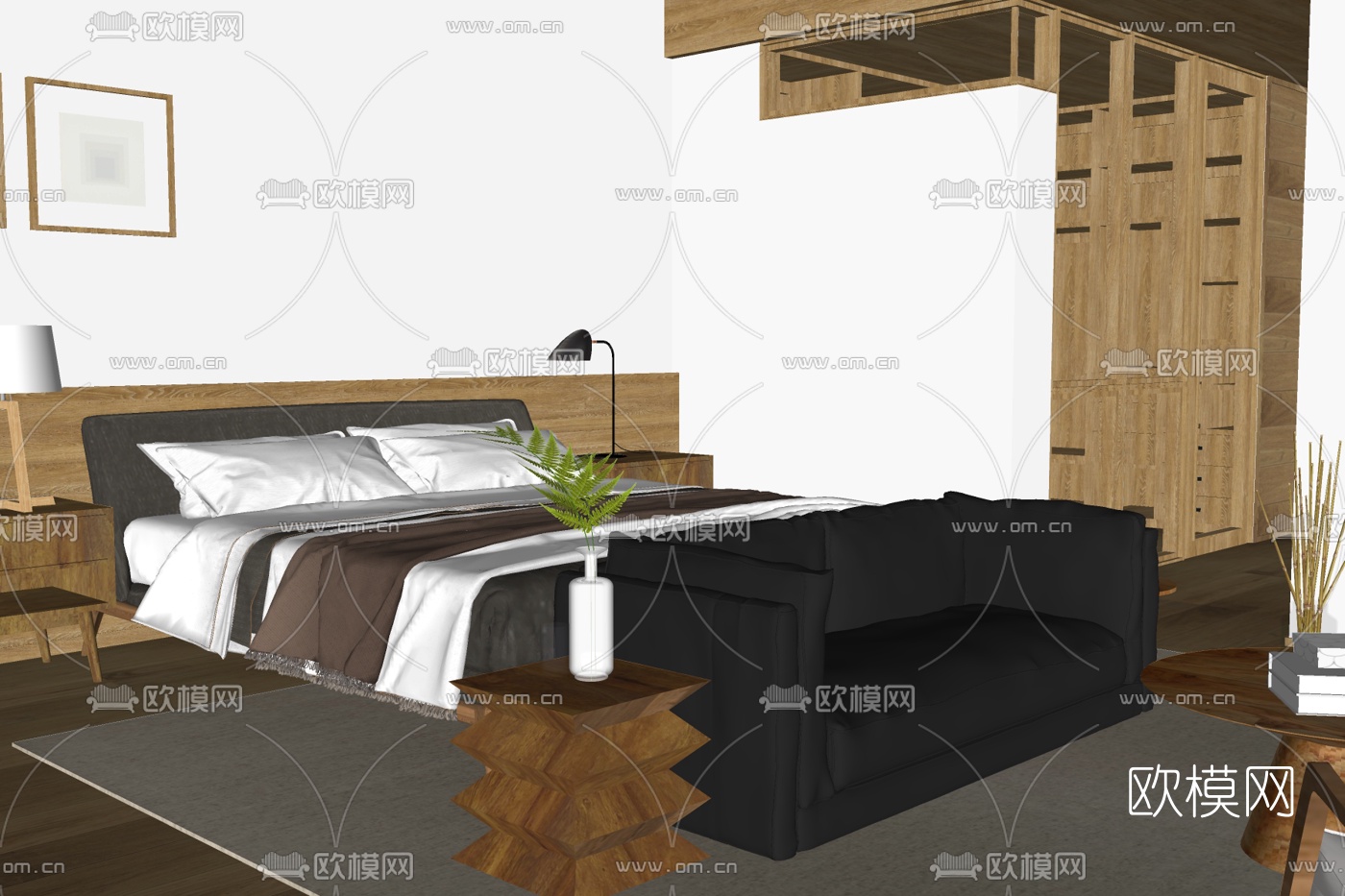 现代布艺双人床su模型下载