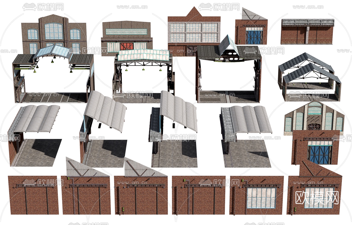 现代工厂厂房墙3d模型下载