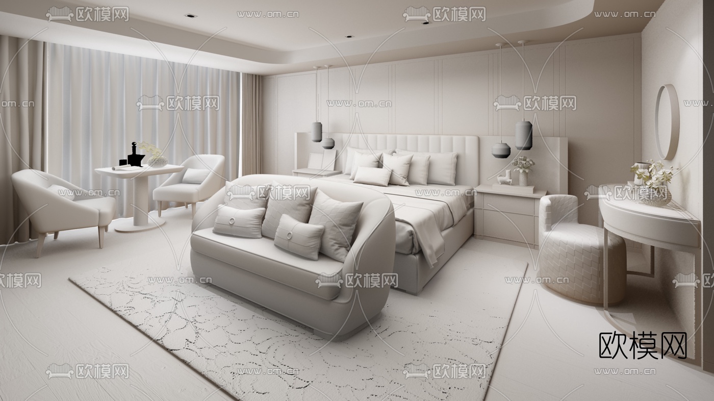 雅布设计 现代轻奢卧室主人房3d模型下载（渲染图2）