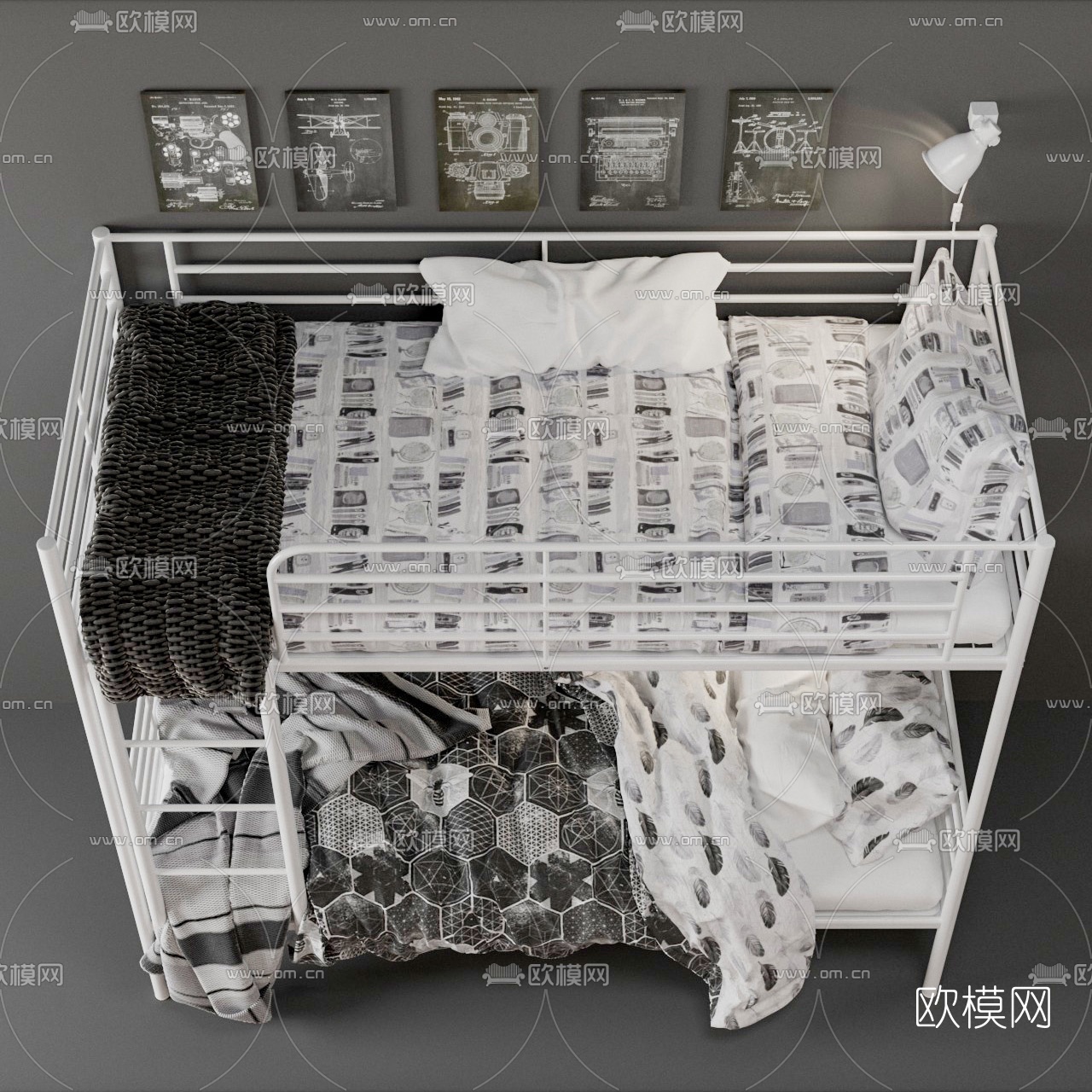 现代上下铺床3d模型下载（渲染图2）