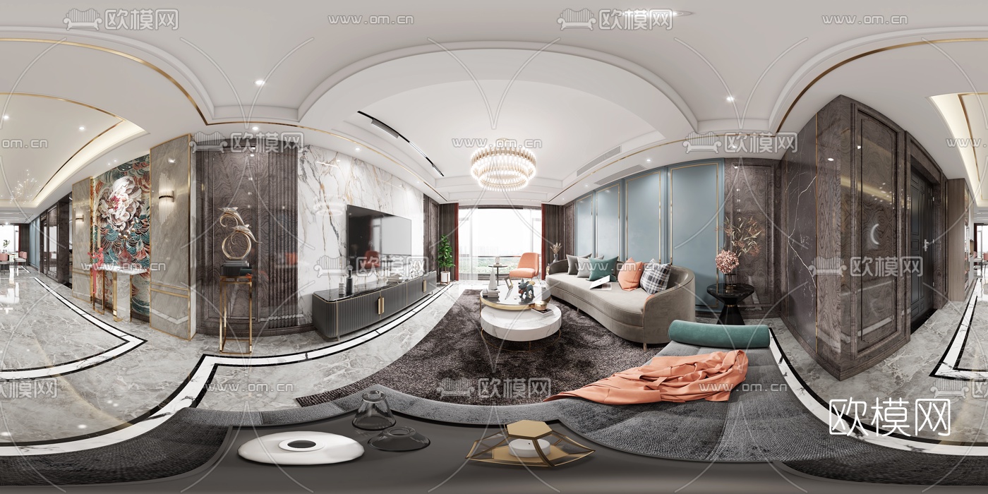 现代轻奢客厅餐厅vr全景3d模型
