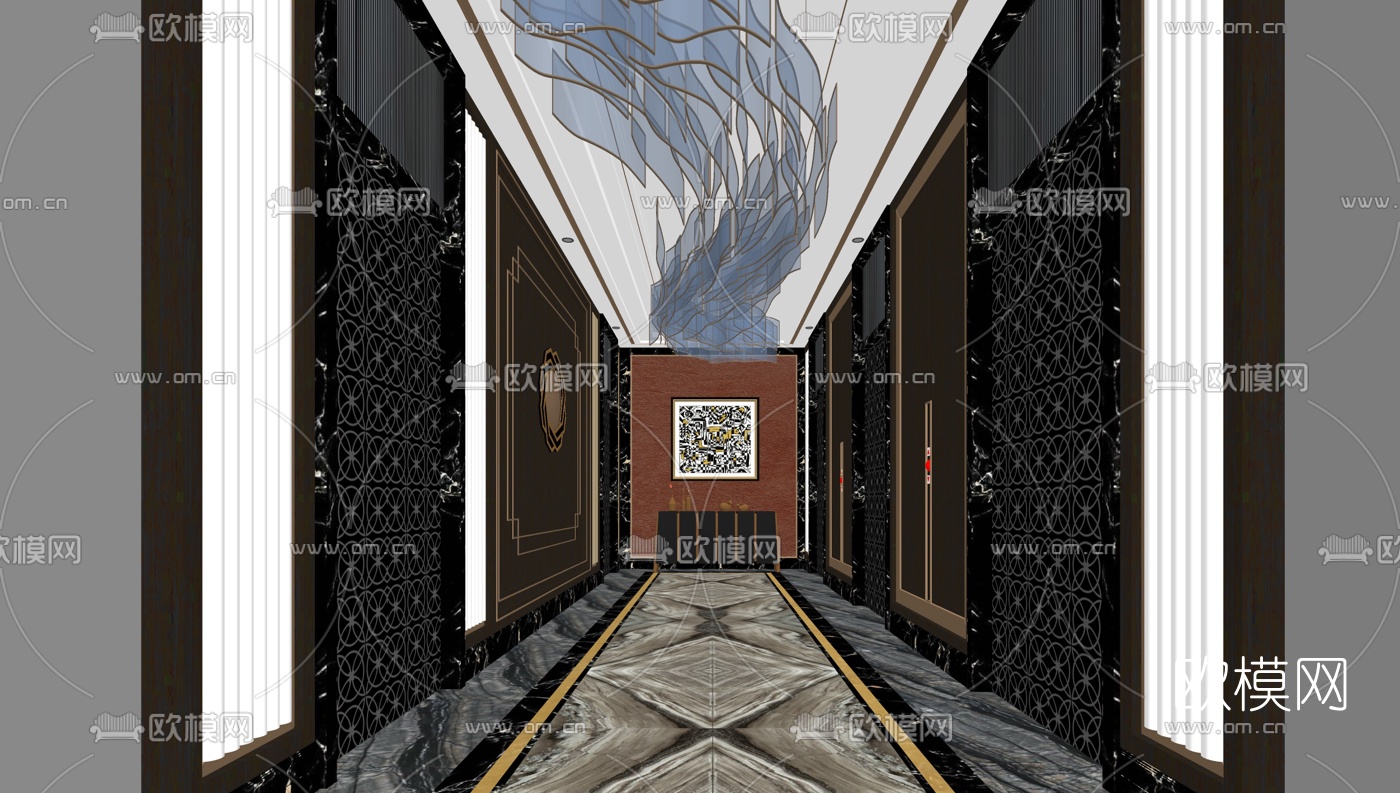 新中式酒店走廊su模型下载