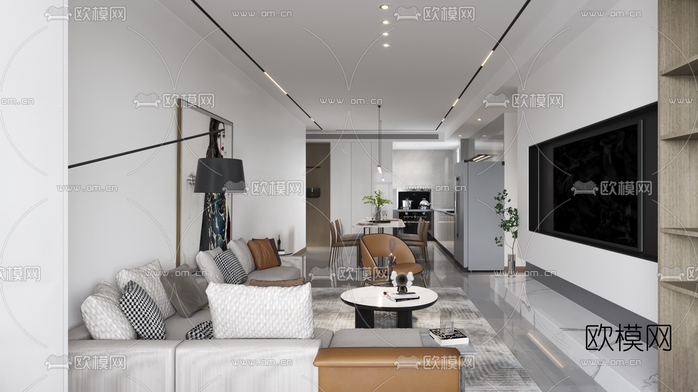 现代客厅餐厅免费3d模型下载（渲染图1）