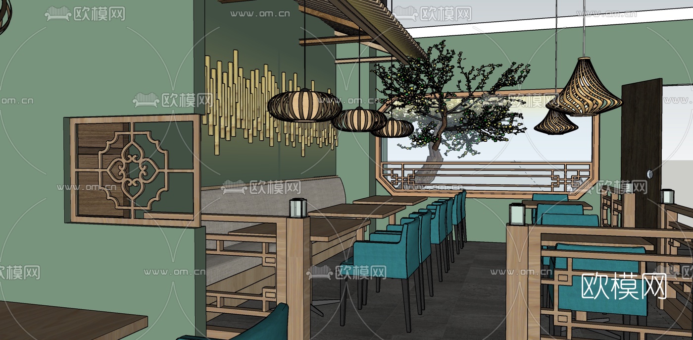 新中式中餐厅su模型下载（渲染图2）