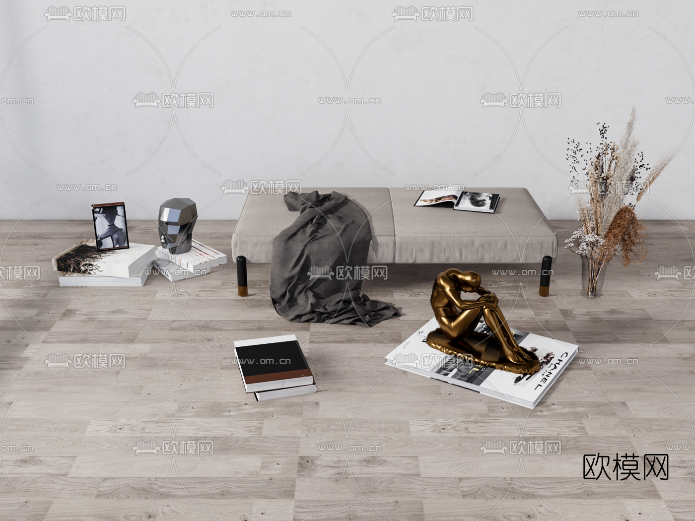 现代床尾凳脚踏su模型下载（渲染图1）