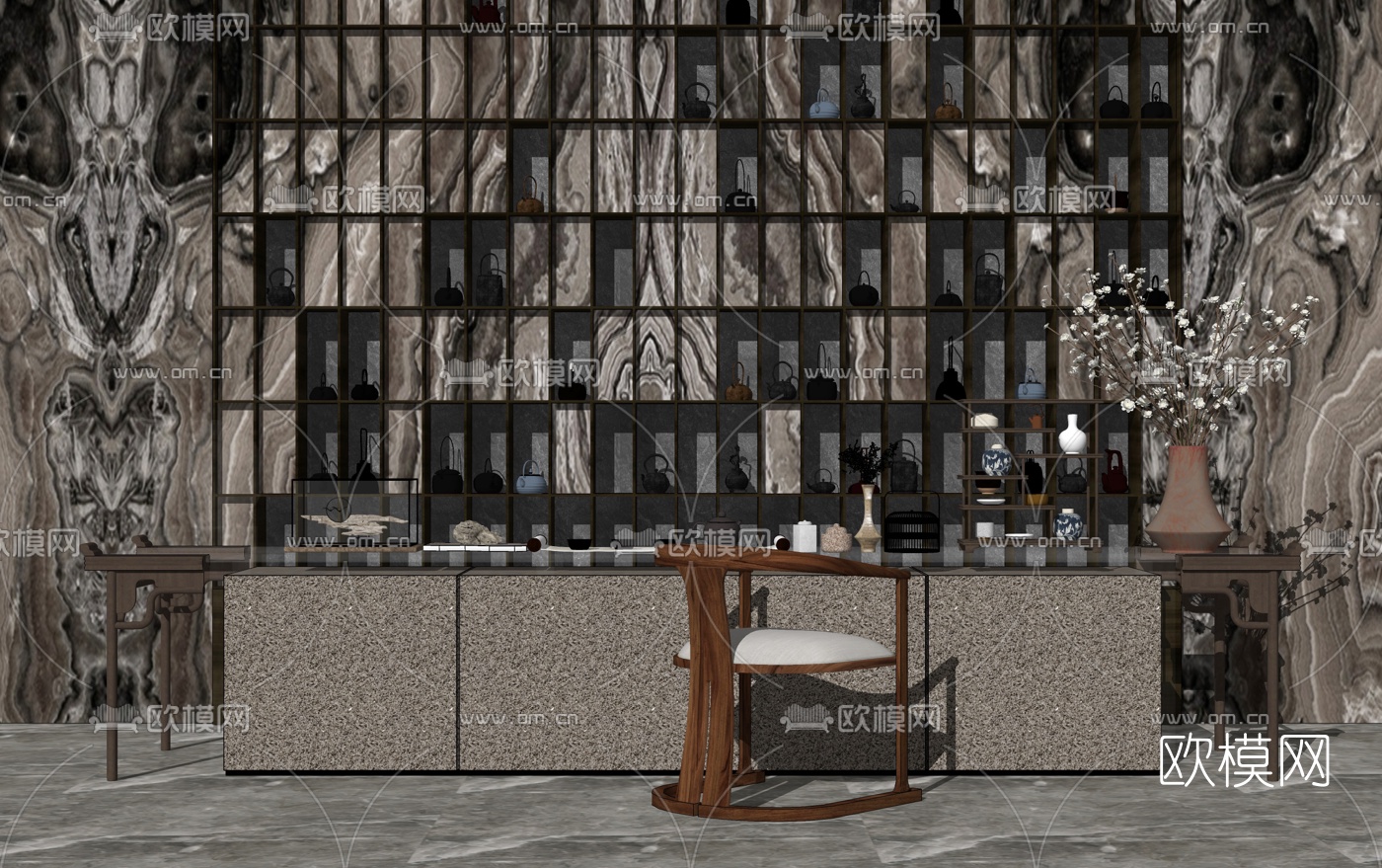 新中式茶桌茶台圈椅组合su模型