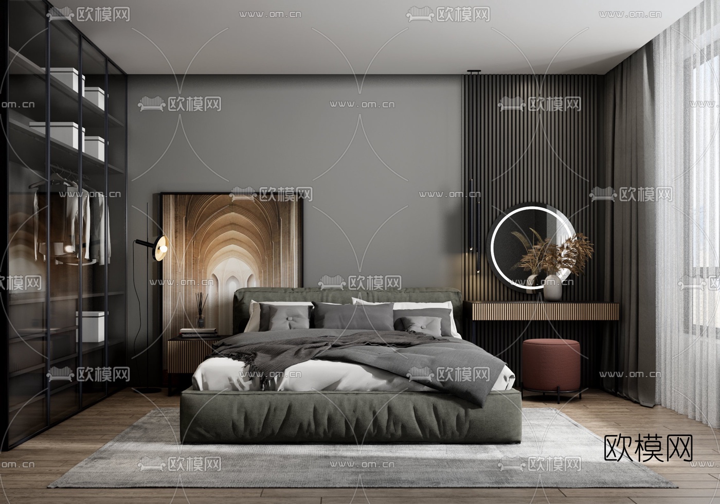 现代布艺双人床su模型下载（渲染图1）