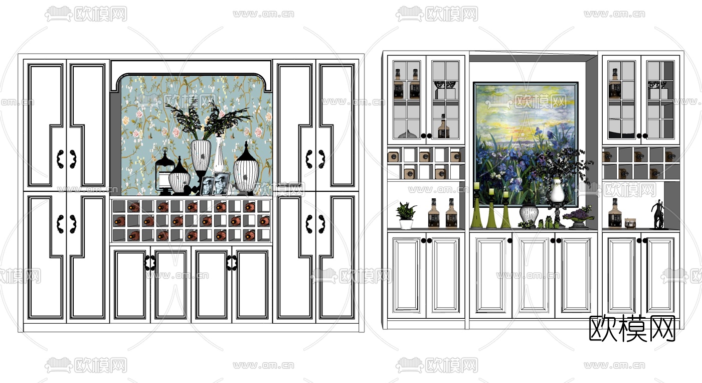 简欧多功能酒柜su模型下载