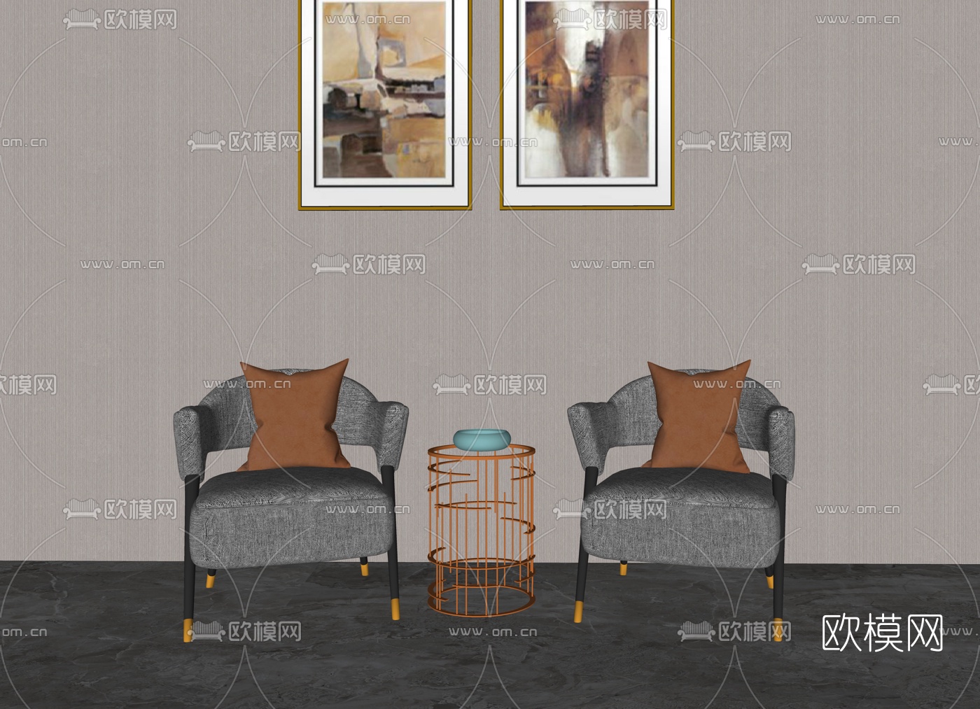 新中式布艺休闲椅su模型下载（渲染图1）