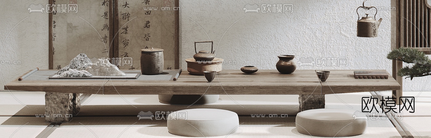 新中式实木榻榻米茶桌椅3d模型