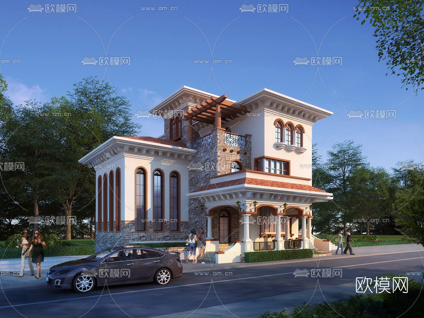 简欧独栋别墅外观3d模型下载