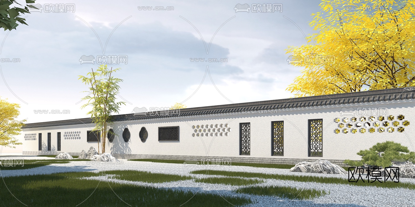 中式园林围墙3d模型