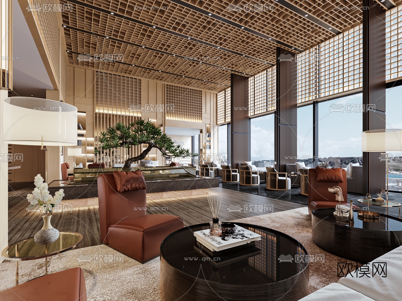 现代轻奢酒店大堂吧3d模型下载（渲染图2）