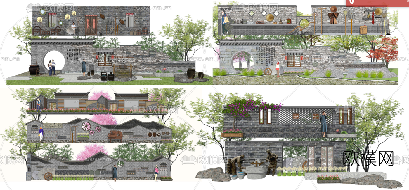 新中式乡村民俗文化景墙标识墙su模型