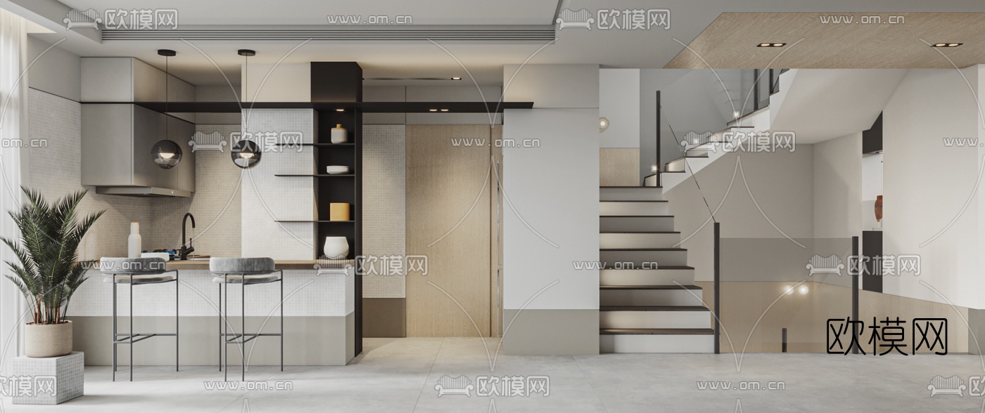 现代别墅客厅餐厅3d模型