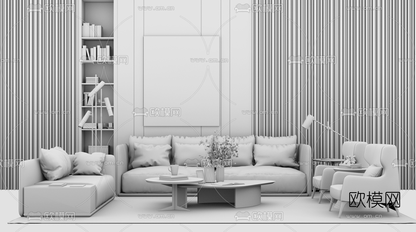 现代轻奢皮革沙发组合su模型下载（渲染图3）