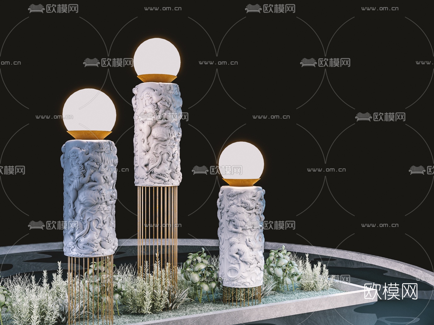 新中式浮雕草坪灯3d模型下载