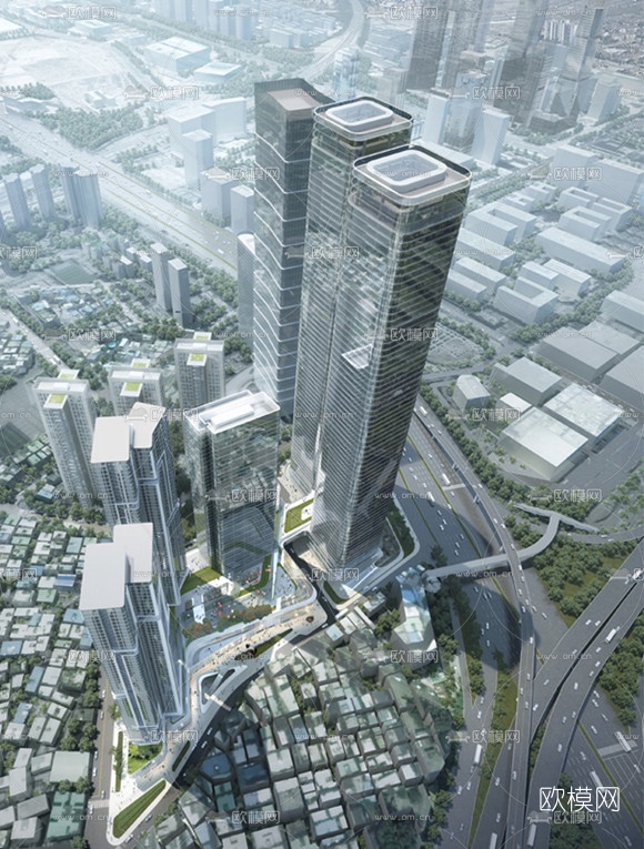 现代商业区鸟瞰su模型下载（渲染图2）