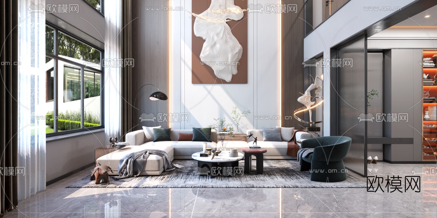 现代轻奢别墅客厅餐厅3d模型