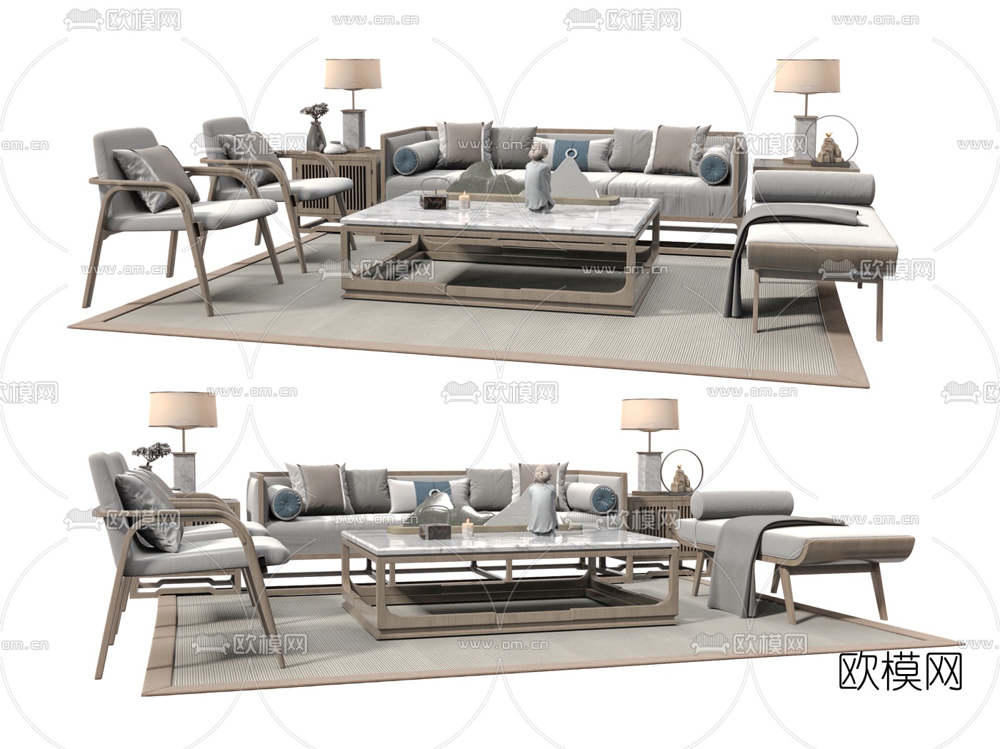 新中式实木组合沙发su模型下载（渲染图1）