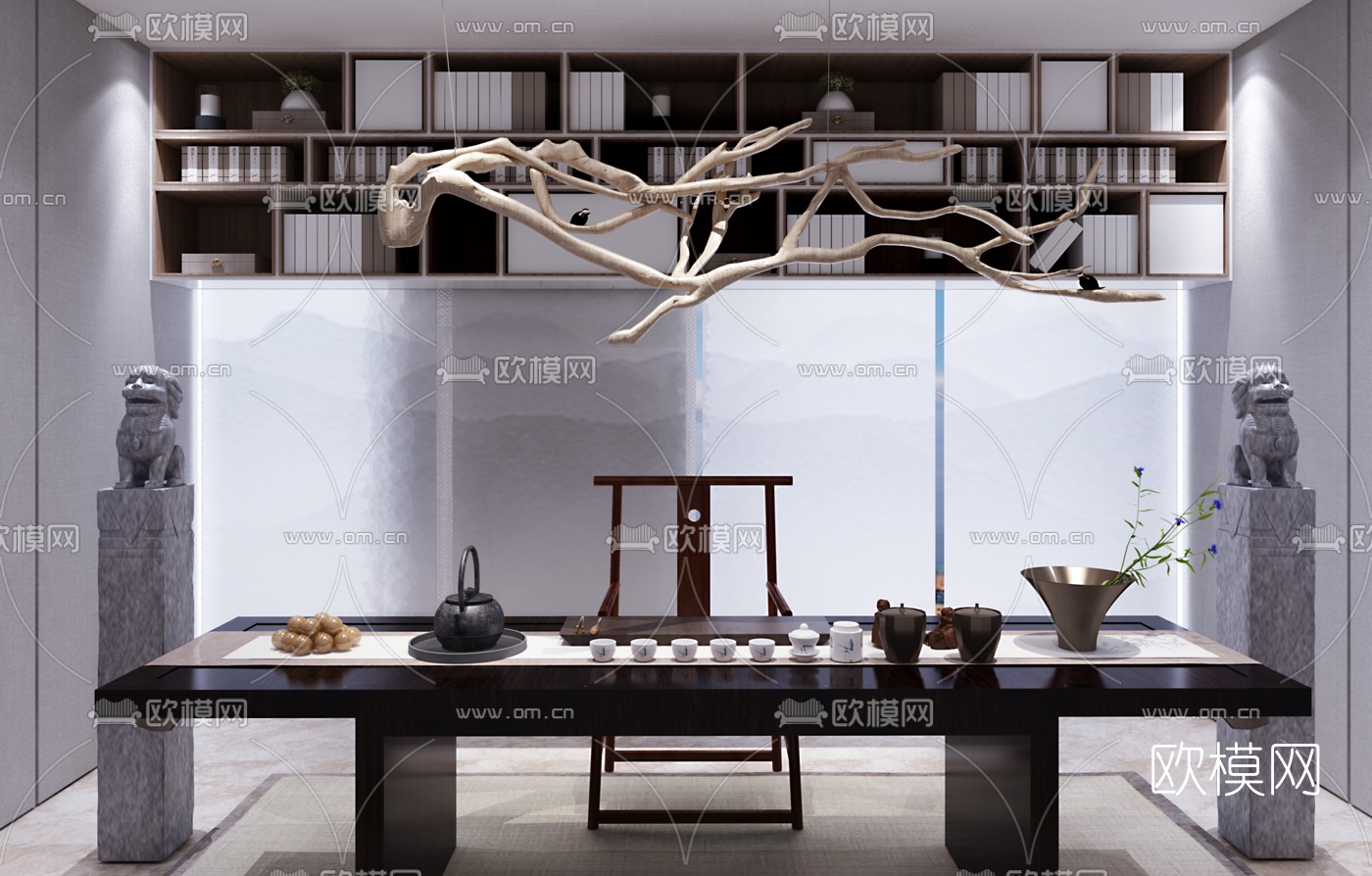 昊泽空间设计 新中式实木泡茶桌椅3d模型下载